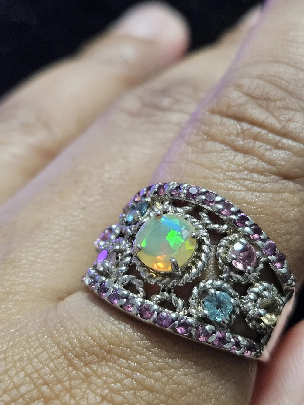 925S Opal & Multicolored Topaz Filigree Statement Ring - Women Jewelry
